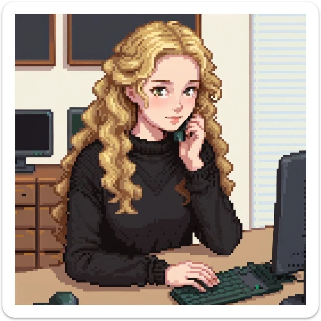 pretty brown-eyed blonde young woman with wavy hair, wearing a black sweater, working on a computer in a cozy office sticker