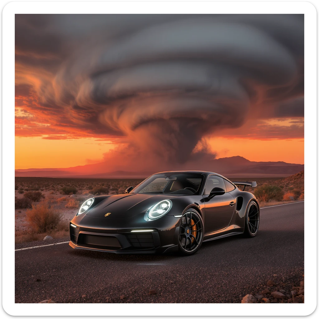 Cinematic still of a A modern desert mountain, wallpaper, modern, porsche 911, sunset, arizona desert, tornado in background sticker