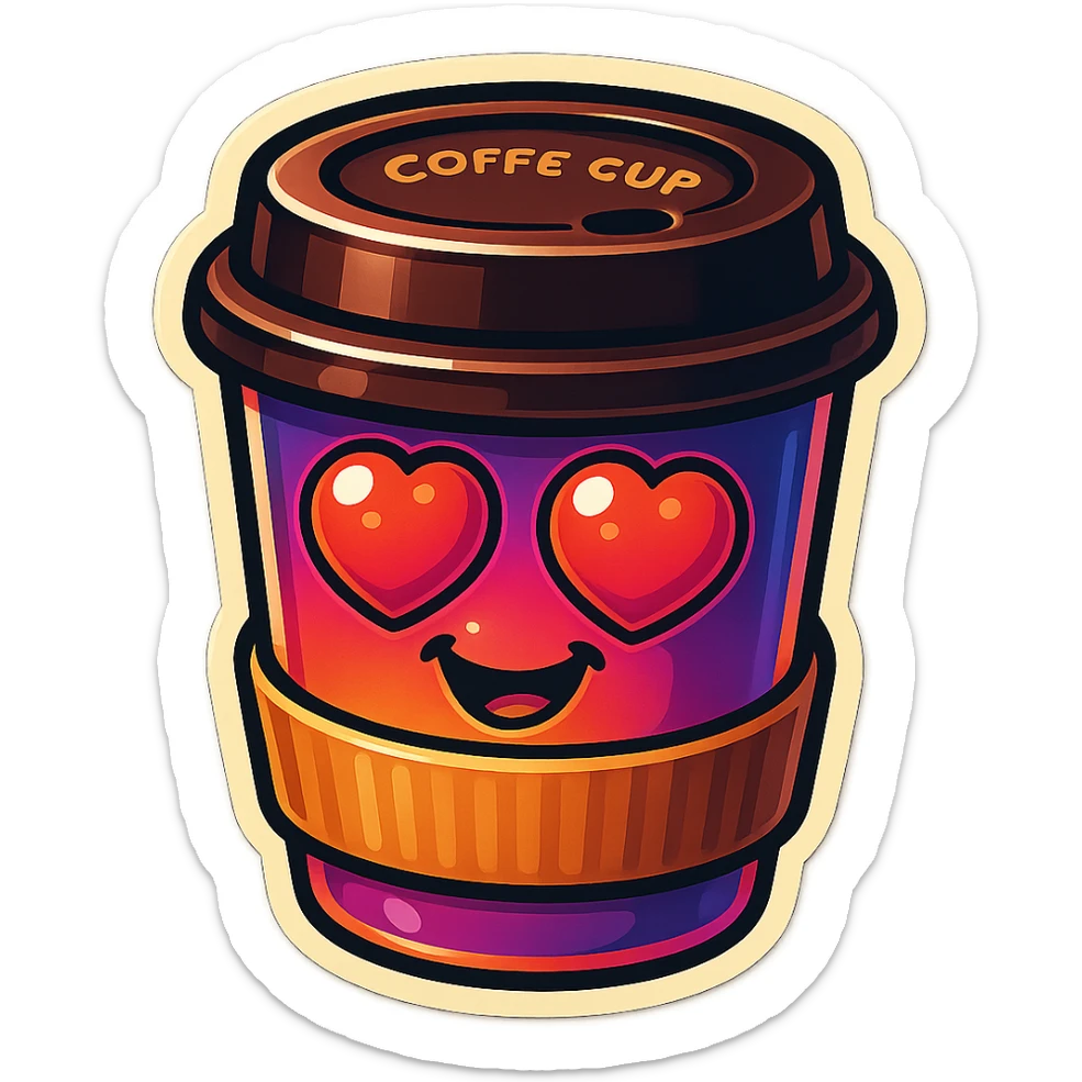 Ink wash style, coffee cup creature, big heart eyes, dopey smile sticker