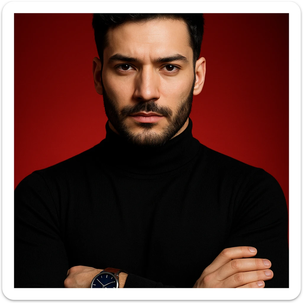Create an ultra-realistic, high-detail, 4K editorial portrait of the person in the reference image. Emphasize sharp features, flawless fair skin, sleek black hair, and a black turtleneck. The person has arms crossed and wears a wristwatch with a blue dial and brown strap. The background is a bold red gradient with dramatic cinematic lighting. The composition is symmetrical and minimal. This is variation 5. sticker