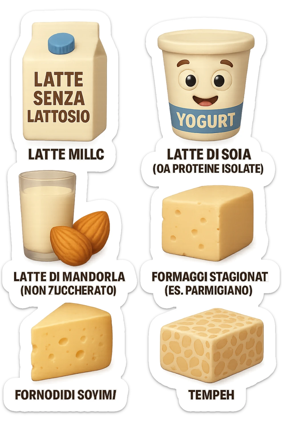 emoji stile iphone 3d di Latte e yogurt delattosati in italiano
Latte di mandorla (non zuccherato)
Latte di soia da proteine isolate
Formaggi stagionati (es. parmigiano)
Tofu compatto e tempeh
 che fluttuano in aria, iperealistico 4k sticker