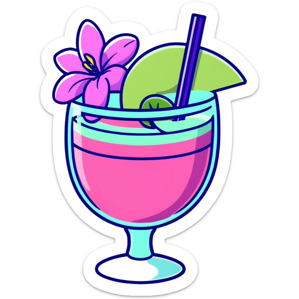 Pink margarita in short cup with a strawberry on top and a purple orchid as garnish sticker
