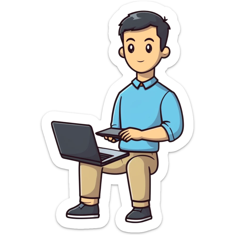 full body male teacher with attractive handsome face and stylish modern haircut in casual clothes holding a laptop sticker