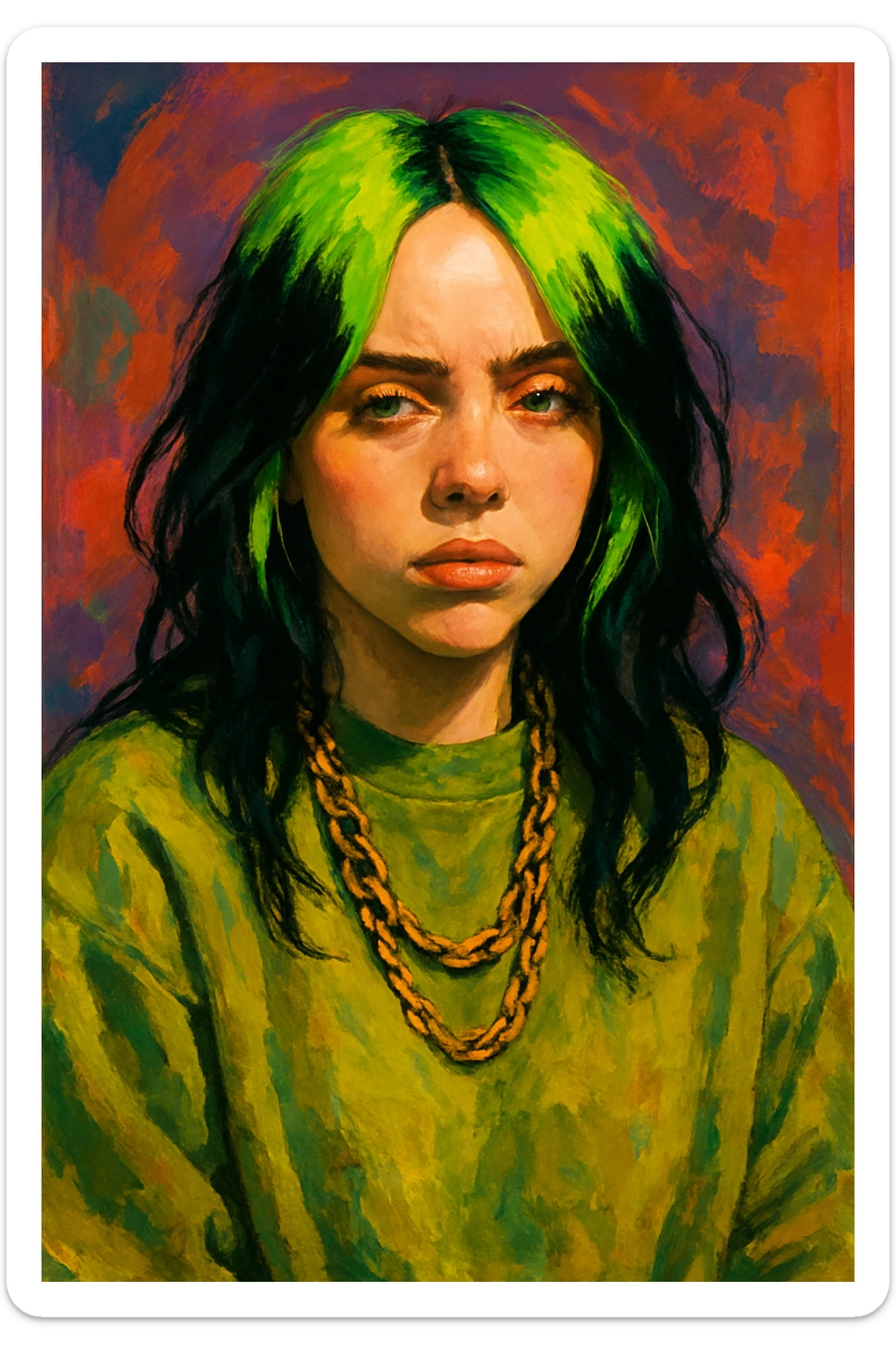 stylized portrait of Billie Eilish with green hair, oversized clothing, moody expression, pop star vibe sticker