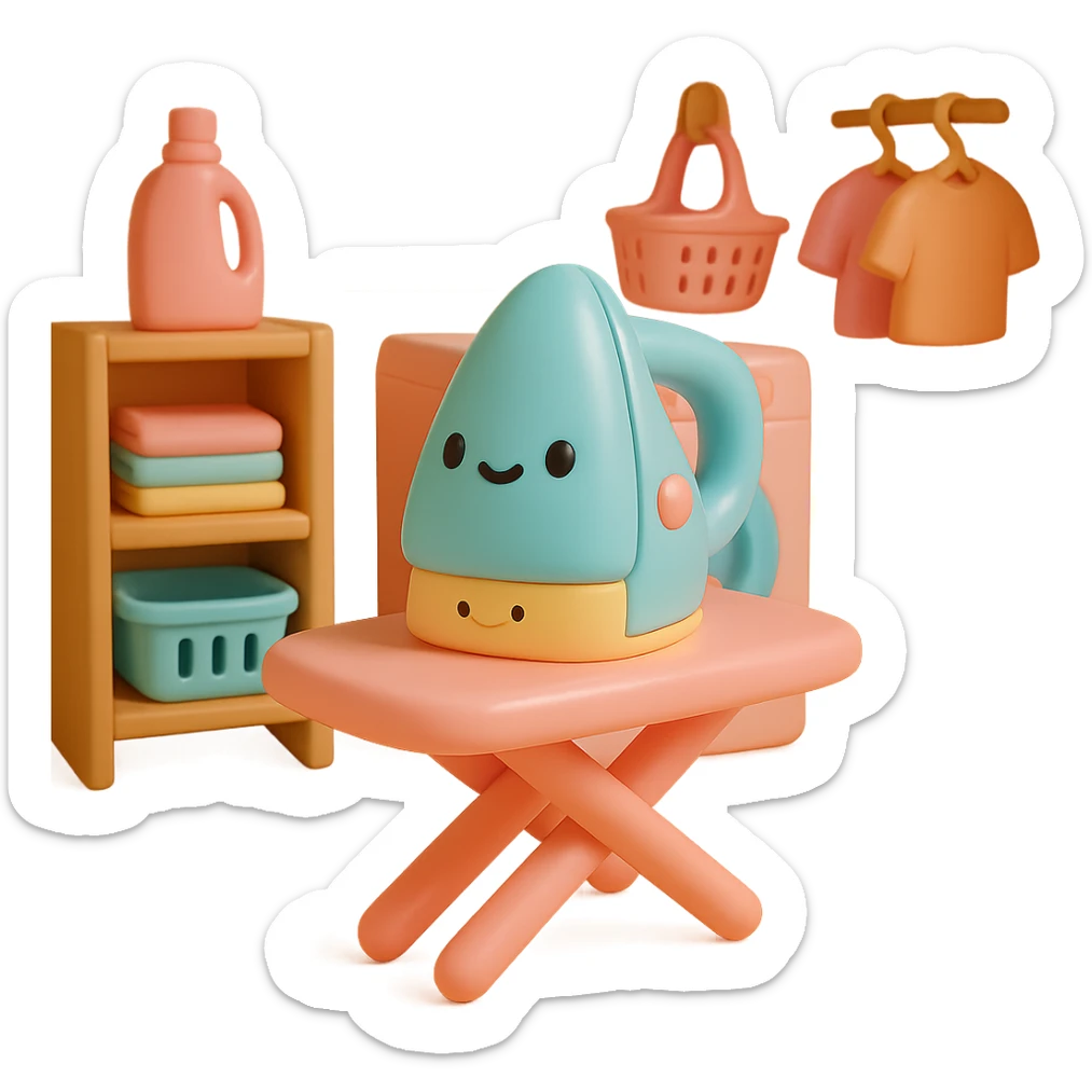 Place the vinyl figure style iron and ironing board in a cozy laundry room scene, with playful details and soft lighting, keeping the vinyl-figure look. sticker