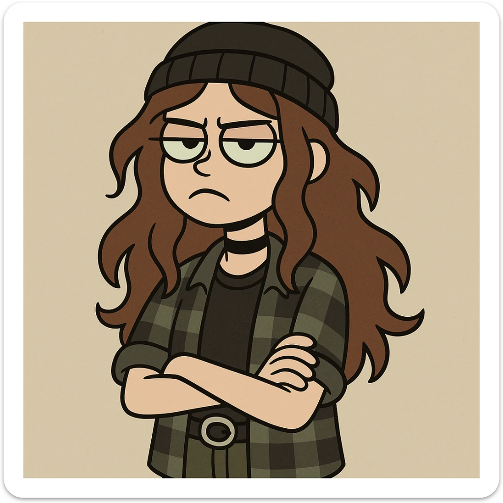 a girl with wavy long brown hair, green eyes, grunge style, cartoon style sticker