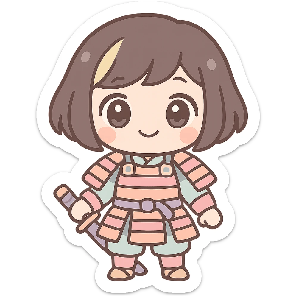 chibi style kawaii samurai girl with short hair and one streak of blonde in her hair, smiling, wearing traditional samurai armor, big eyes, soft colors sticker