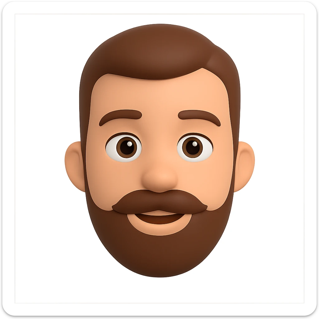 Edit the image to depict a man with less hair, shorter beard, brown hair and beard, in the style of Microsoft Fluent 3D emojis with transparent background. The style is 3D Microsoft Fluent emoji style. sticker