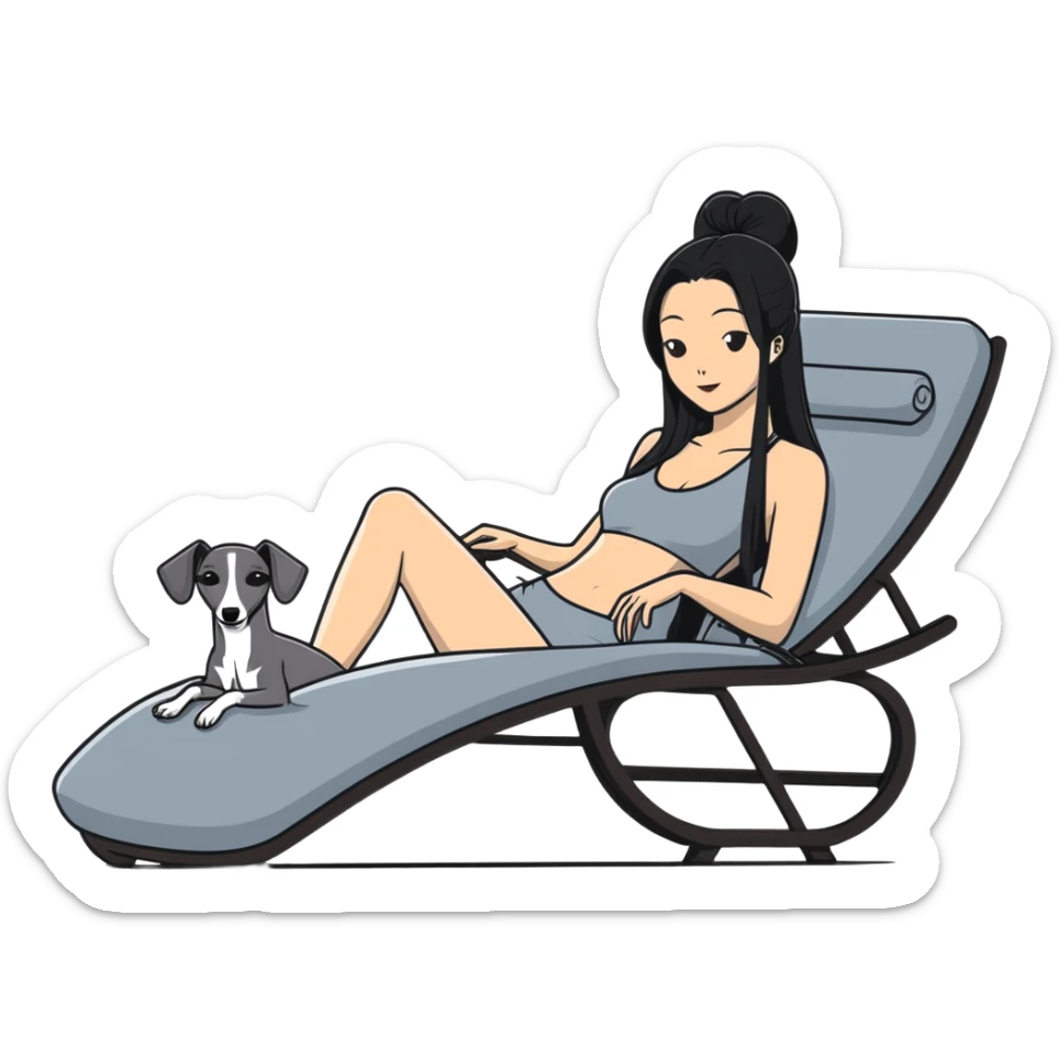 Very thin Chinese woman with long black hair relaxing on a spa lounger with exactly ONE Italian greyhound. CRITICAL REQUIREMENT: the dog must be ONE SOLID VERY DARK CHARCOAL GREY (almost black-grey) COLOR from nose to tail with NO WHITE or LIGHT AREAS anywhere - NO white face, NO white muzzle, NO white chest, NO white paws, NO white tail tip - NOTHING BUT A SINGLE SHADE OF VERY DARK GREY throughout the entire animal sticker