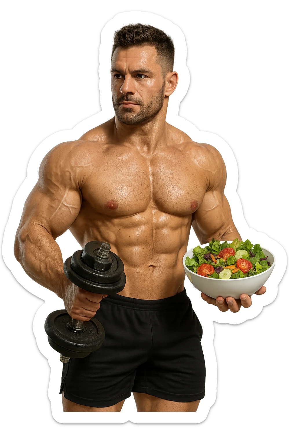 bodybuilder che tiene un manubrio da palestra nella mano destra e una bowl di insalata nella mano sinistra sticker