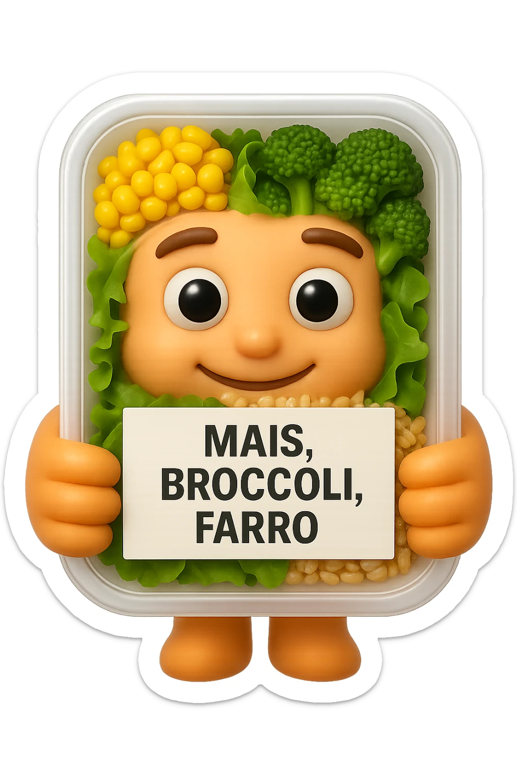 SU QUESTO STILE FAI UN EMOJI STILE IPHONE 3D DI UN INSALATA PRECONFEZIONATA DA SUPERMERCATO CON FOCUS SU ETICHETTA NUTRIZIONALE CON GLI INGREDIENTI IN ITALIANO TIPO: MAIS, BROCCOLI, FARRO, ACCANTO ALL'INSALATA CHE HA IN MANO C'è UN FOCUS SULL'ETICHETTA CON GLI INGREDIENTI SCRITTI, FALLO MOLTO REALISTICO IN 3D sticker