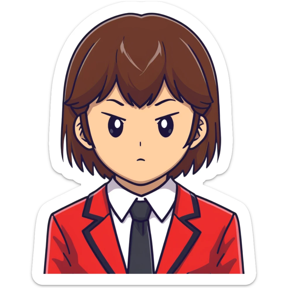 Kiyotaka Ayanokoji from Classroom of the Elite, calm emotionless eyes, medium-length straight brown hair with bangs, serious neutral expression, school uniform with red blazer and tie, face close-up sticker