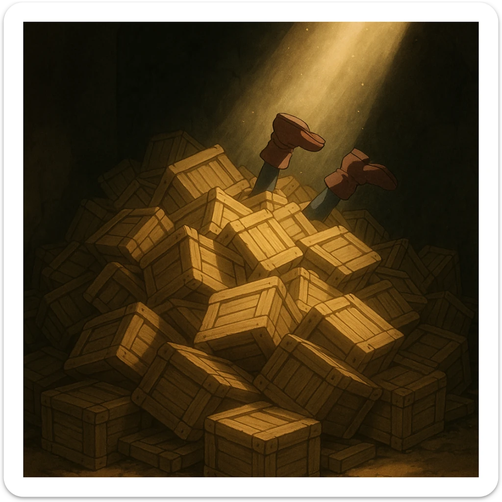 A pile of small oblong crates hidden in a dark area with a beam of light shining from above, with someone’s boots sticking out like they dove in sticker