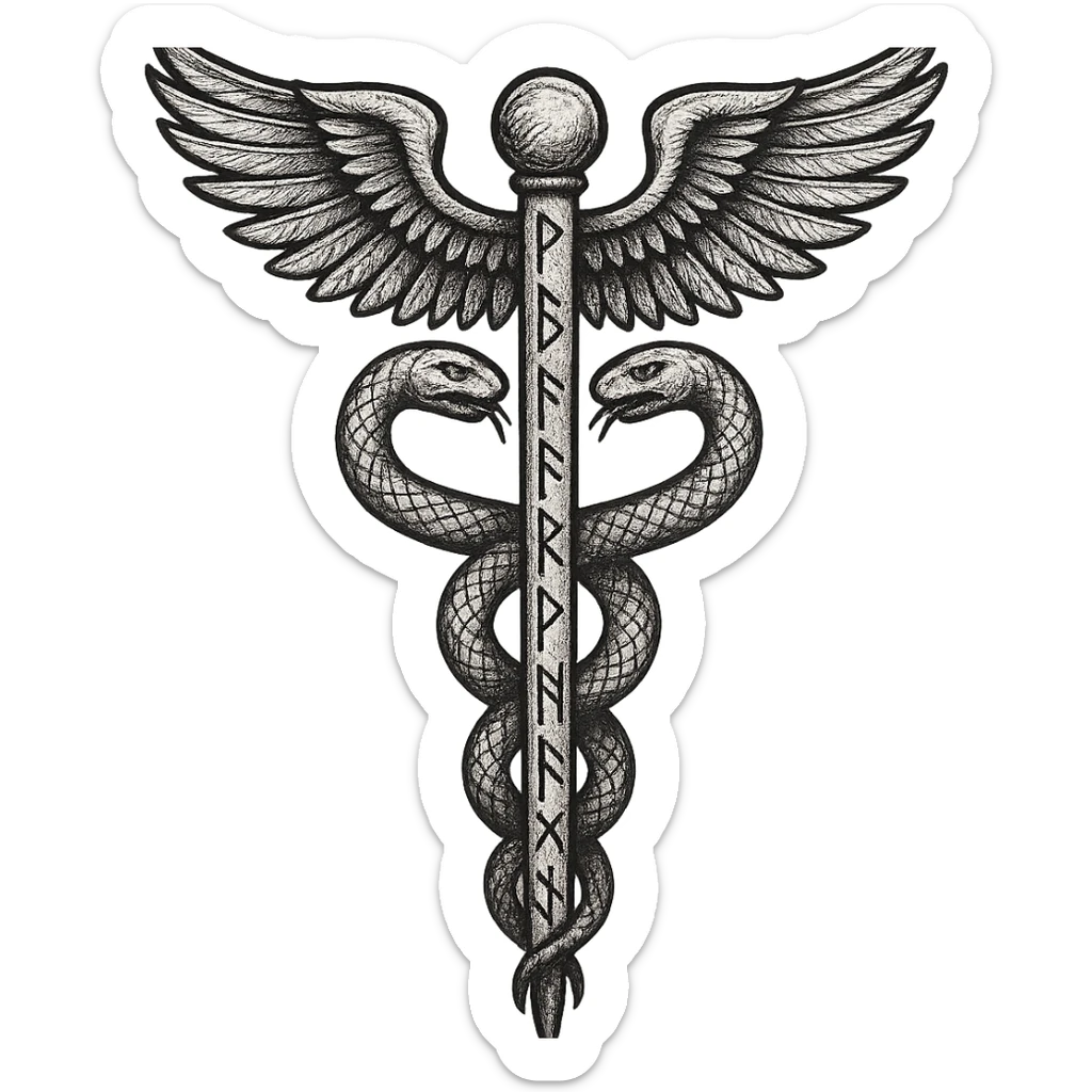 A caduceus intertwined with Viking runes, combining medical and Norse themes sticker