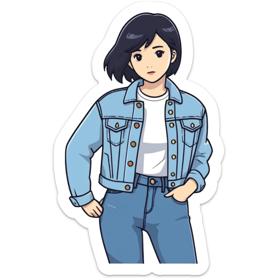 A girl with dark hair and a white shirt with a denim jacket and denim jeans sticker