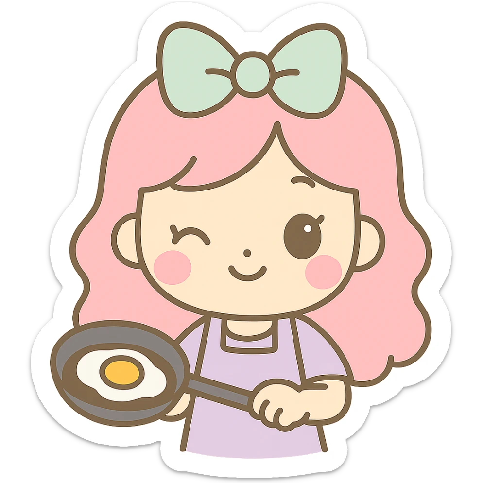 A kawaii chibi anime style girl with pink hair and a mint green bow, cooking and holding a pan with a fried egg, smiling and winking. Use flat pastel colors, thick outlines, and simple cute features. Transparent background. sticker