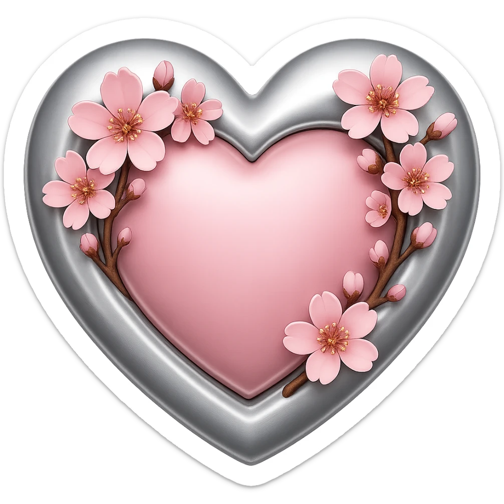 Increase the amount and prominence of silver details and accents on the heart with sakura flowers in the style of apple emojis. Keep the style consistent with apple emoji style and ensure no background (transparent). sticker