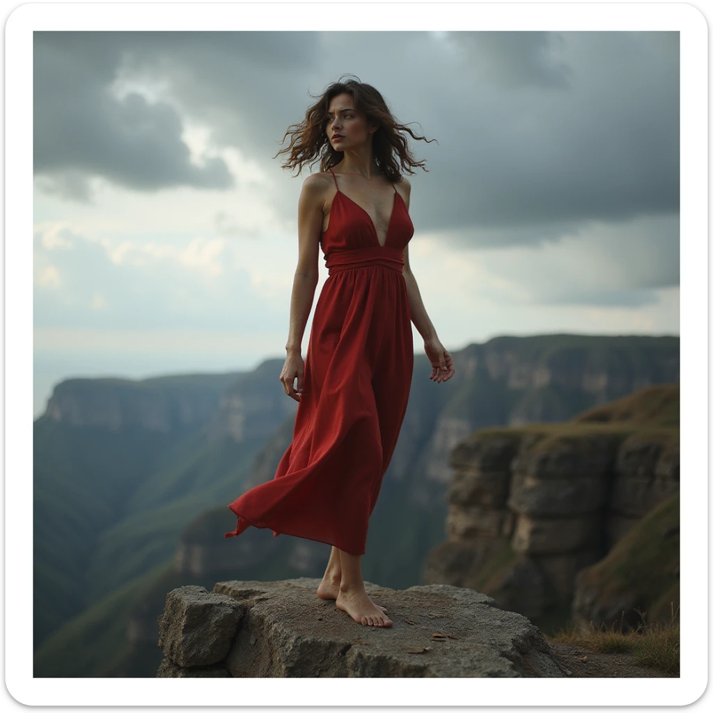 powerful photorealistic fashion portrait of a woman in a windswept red dress on a rugged cliff with dramatic clouds overhead, high contrast lighting, evoking solitude and strength sticker