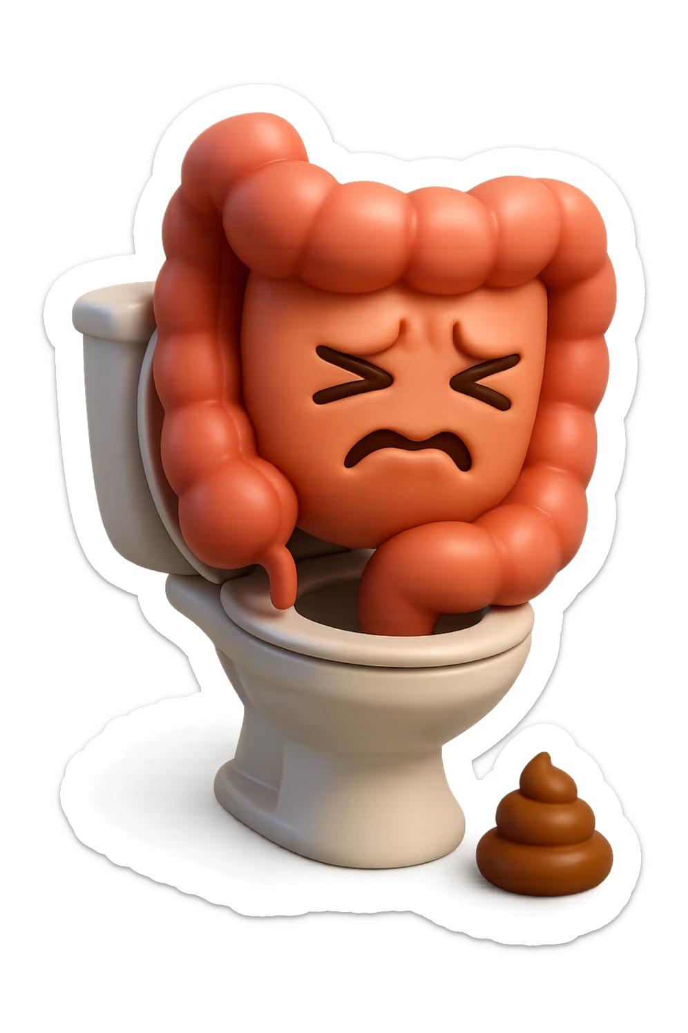 EMOJI STILE IPHONE 3D DI UN INTESTINO CHE sta seduto sul wc e davanti ha una montagnetta di feci a palline stile emoji iphone, fallo senza naso e FAGLI UN ESPRESSIONE di dolore mentre si sforza E FALLO MOLTO REALISTICO IN 3D sticker