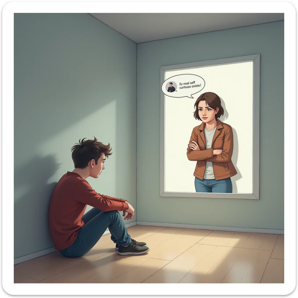 A modern person sitting alone in the corner of a room, looking distressed after seeing their real self in contrast to their idealized image posted on social media, realistic illustration style sticker