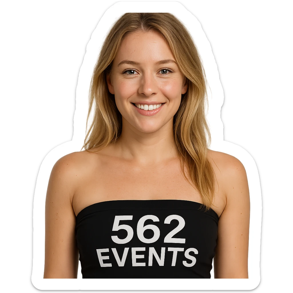 realistic woman with blonde hair, black tube top that says '562 Events' sticker