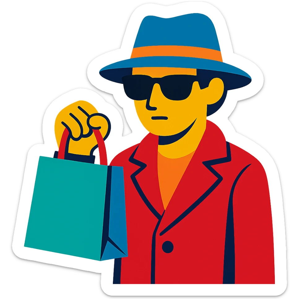 mystery shopper character holding a shopping bag, wearing sunglasses and a hat, vibrant toon style sticker
