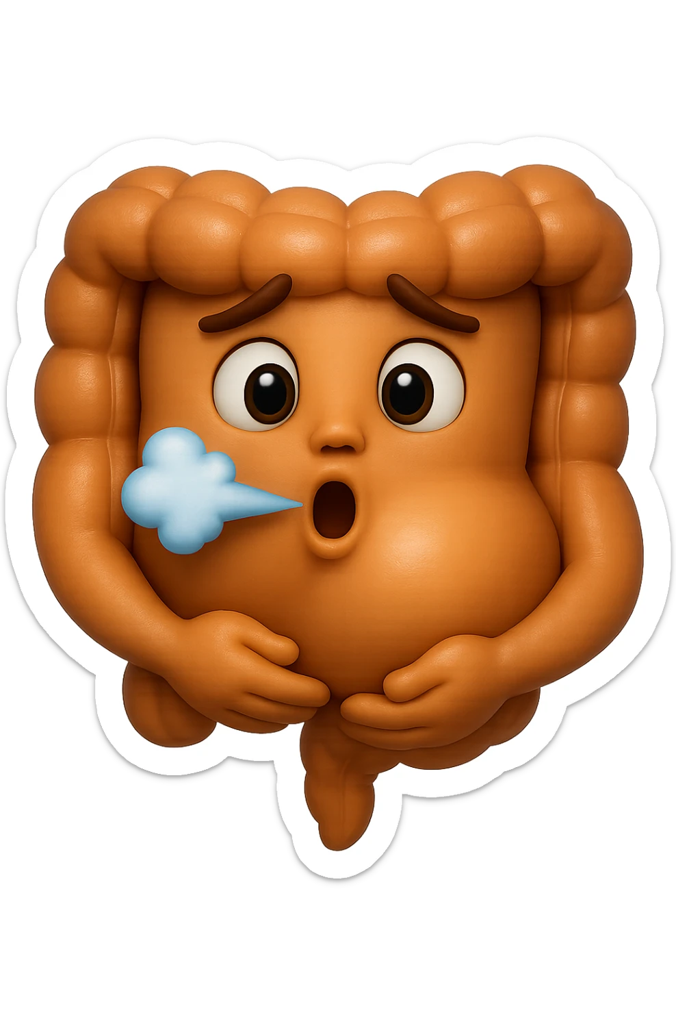 emoji stile iphone di un intestino che ingoia una nuvoletta di aria ben visibile e gli si gonfia la pancia, non fargli il naso, iperrealistico 4k sticker