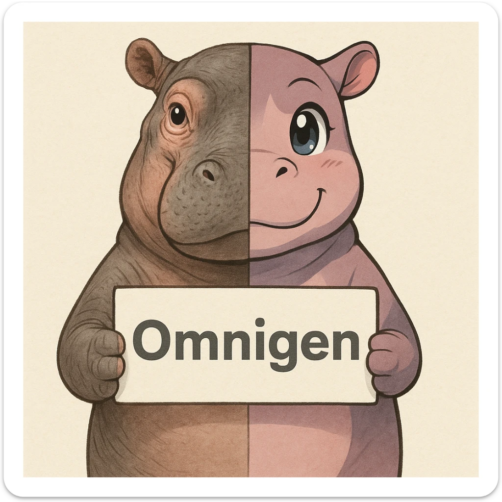 a hippo holding sign of omnigen, half picture hippo is realistic another hald is the anime of that same hippo sticker