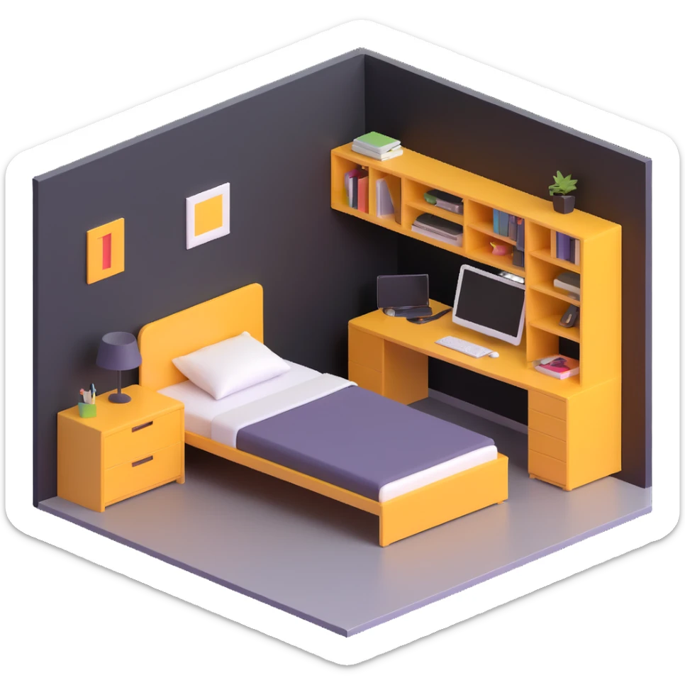 3D layout of teen bedroom with bed against wall, corner desk, and storage units sticker