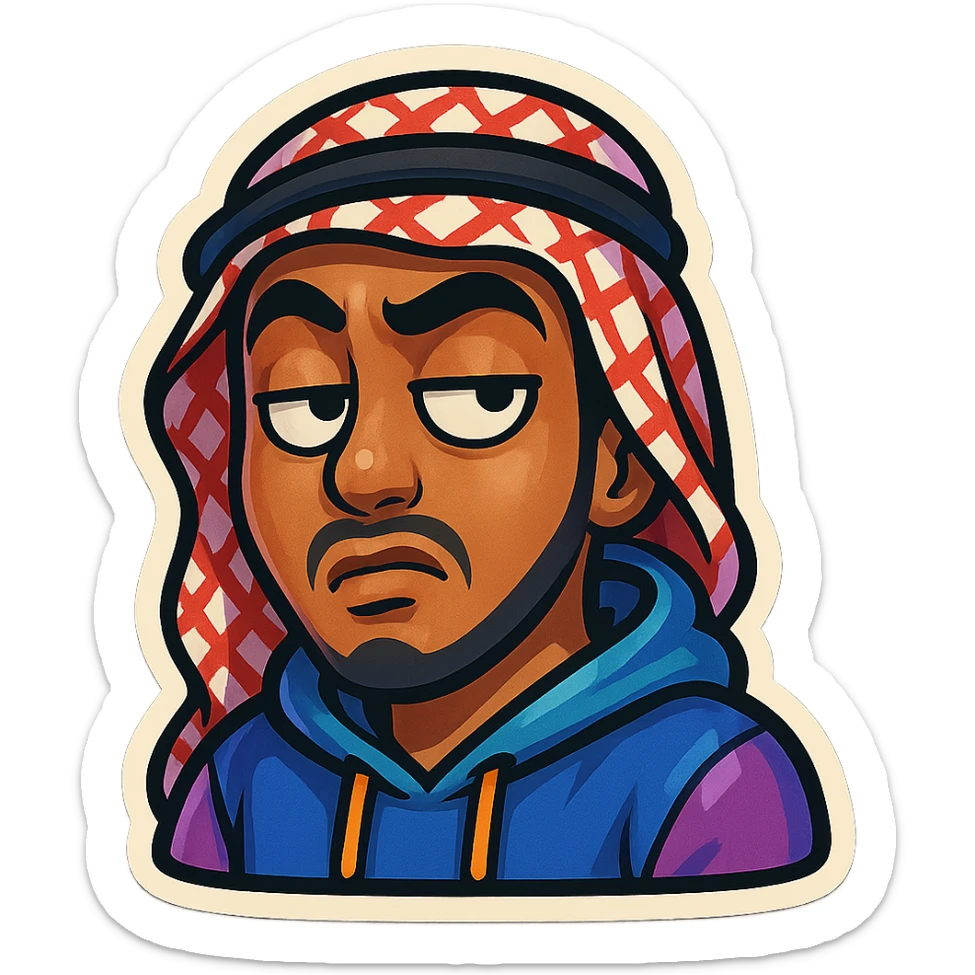 cartoonish, bold, vibrant emoji-style sticker of Ara, an Arab young man with medium brown skin, black hair, wearing casual urban Middle Eastern streetwear like a keffiyeh scarf or hoodie, giving a sarcastic side-eye with exaggerated expression sticker