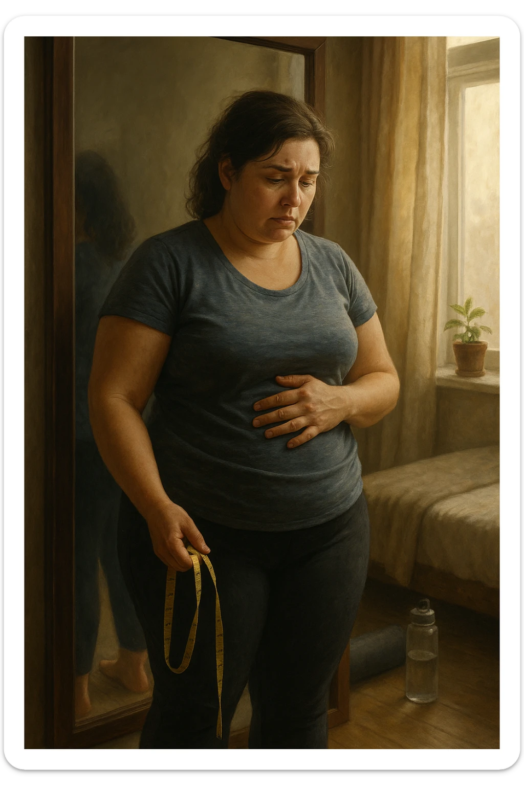 A realistic, cinematic illustration of a woman in her early 30s with a slightly rounded body shape, standing in front of a mirror in a softly lit bedroom, looking at her reflection with a thoughtful, slightly discouraged expression. She is wearing comfortable home workout clothes, holding a tape measure in one hand loosely, while her other hand gently touches her belly area, showing her frustration with slow weight loss progress. The room is cozy, with natural light filtering in, a yoga mat rolled up in the corner, a water bottle, and a small plant on the windowsill. The scene captures the emotional struggle and quiet determination of a woman facing difficulties in losing weight despite her efforts, with warmth and dignity. sticker