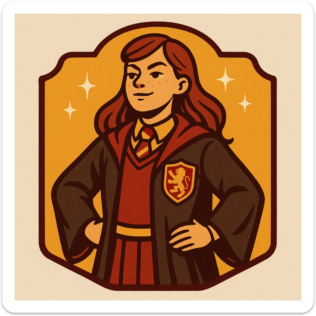 A stylized badge for Gryffindor's head girl, showing a girl in Hogwarts robes with a lion crest, bold red and gold colors, magical sparkles, and a sense of leadership. sticker