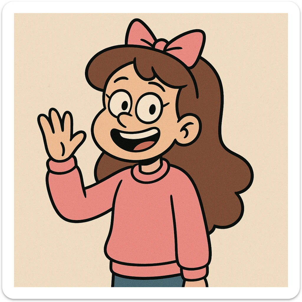 a happy girl waving, dressed in a pink sweatshirt, with a bow on her head, cartoon style sticker