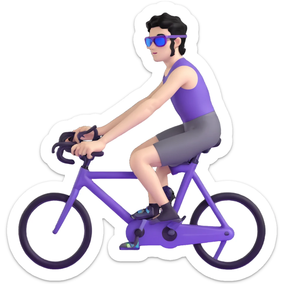 shirtless male athlete with white skin and moderately curly black hair on top with shaved sides, wearing purple bike sunglasses with black tinted lenses sticker