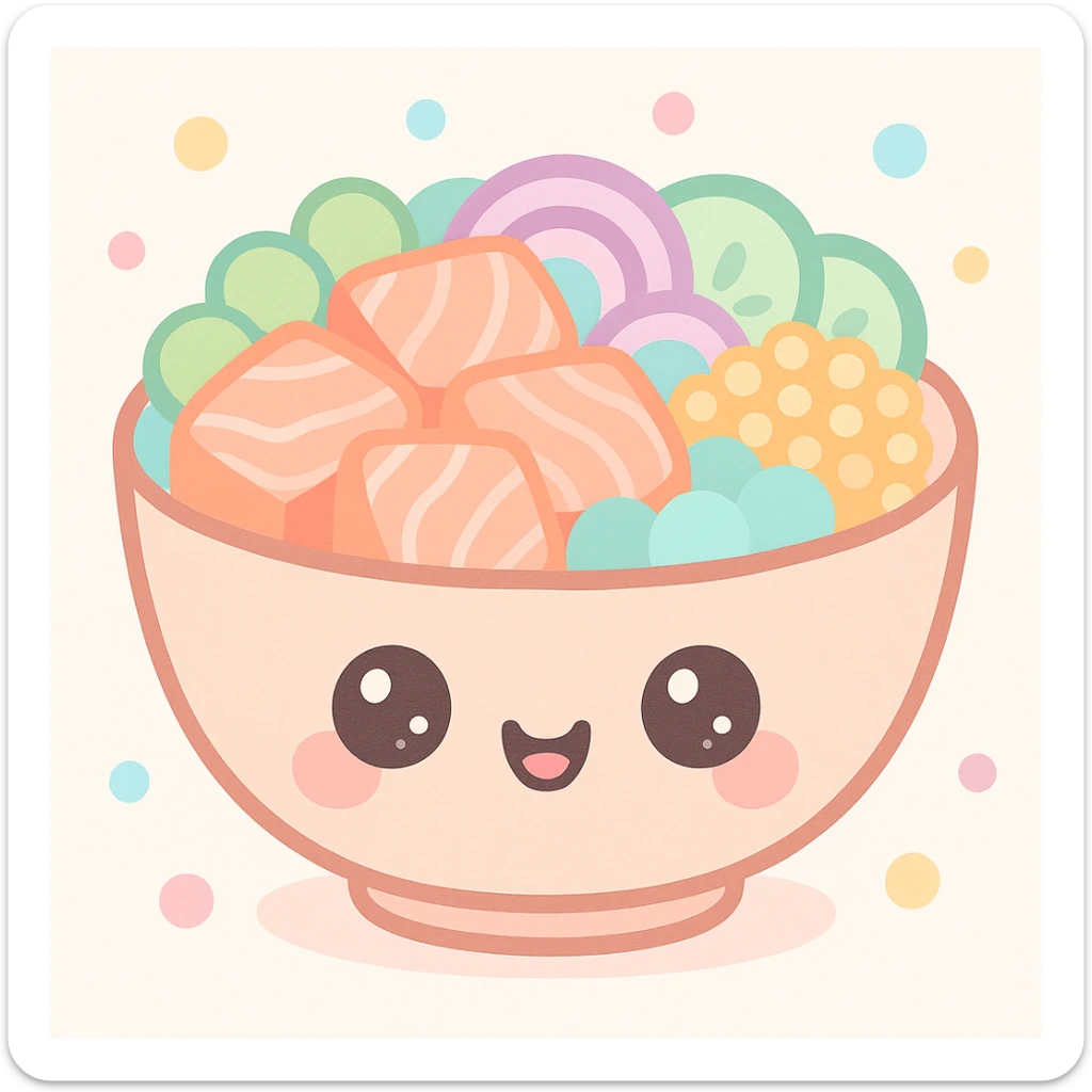 salmon poke bowl with cute face on bowl, bright colors, playful, simple background, kawaii style sticker