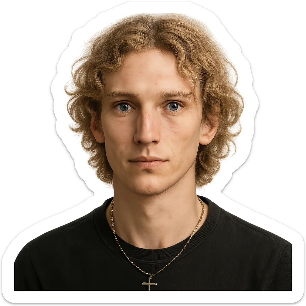 face of a white man, slim face, mildly hollow cheeks, blue eyes, semi long blond curly hair, wearing a chain with a cross, portrait, no background sticker