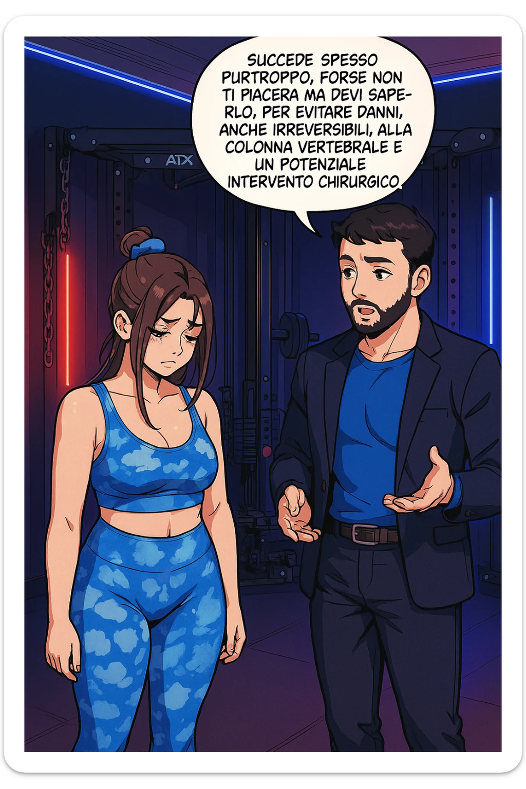 fai questa immagine in versione fumetto/manga/webtoon a colori, il manga mostra l'uomo che risponde alla donne:
Succede spesso purtroppo. 
Forse non ti piacerà ma devi saperlo, per evitare danni, anche irreversibili, alla colonna vertebrale e un potenziale intervento chirurgico. sticker