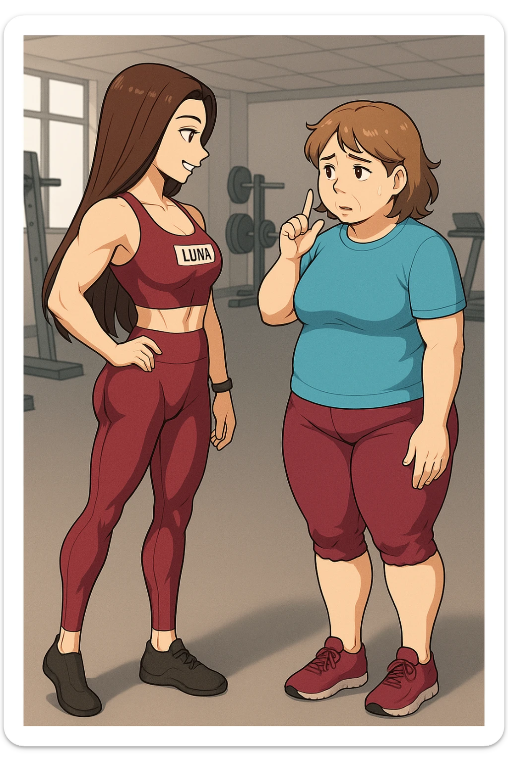 prendi spunto da queste immagini per fare: fai un webtoon/manga a colori con questa personal trainer (falle la scritta "LUNA" SU UNA TARGHETTA APPOSTA SUL TOP SPORTIVO CHE HA), che parla IN PALESTRA con una sua cliente che ha cellulite ed è leggermente in sovrappeso. LA SIGNORA è IN ABITI SPORTIVI E FA UNA DOMANDA A LUNA CON L'INDICE SUL MENTO ED ESPRESSIONE DUBBIOSA. LUNA STA DI PROFILO ALLA SIGNORA PER MOSTRARLE I MUSCOLI DEI FEMORALI CHE HA (LE STA CONSIGLIANDO DI ALLENARLI). NON FARE I FUMETTI, FAI SOLO LORO COME SE DIALOGASSERO. FAI LE DUE FIGURE A FIGURA INTERA CON IL CORPO INTERAMENTE VISIBILE sticker