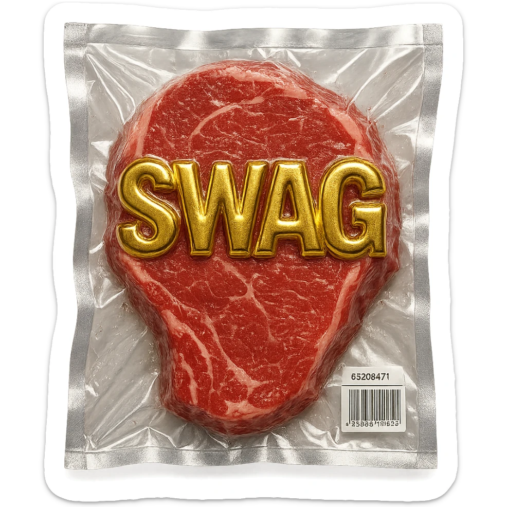 juicy steak with shiny gold 'SWAG' text across the surface, shiny and inflated vacuum-sealed style sticker