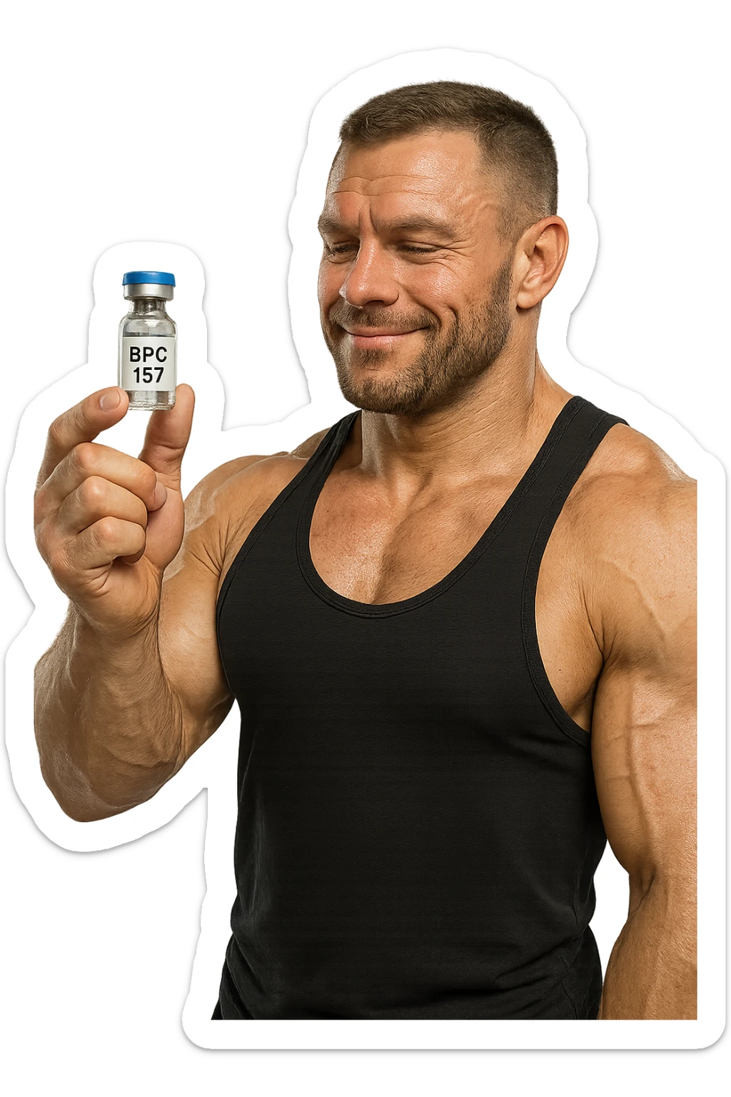 BODYBUILDER A FIGURA INTERA CHE TIENE IN MANO UNA FIALA MEDICA CON la scritta "BPC 157" SULL'ETICHETTA E LA GUARDA SODDISFATTO, iperrealistico 4k sticker