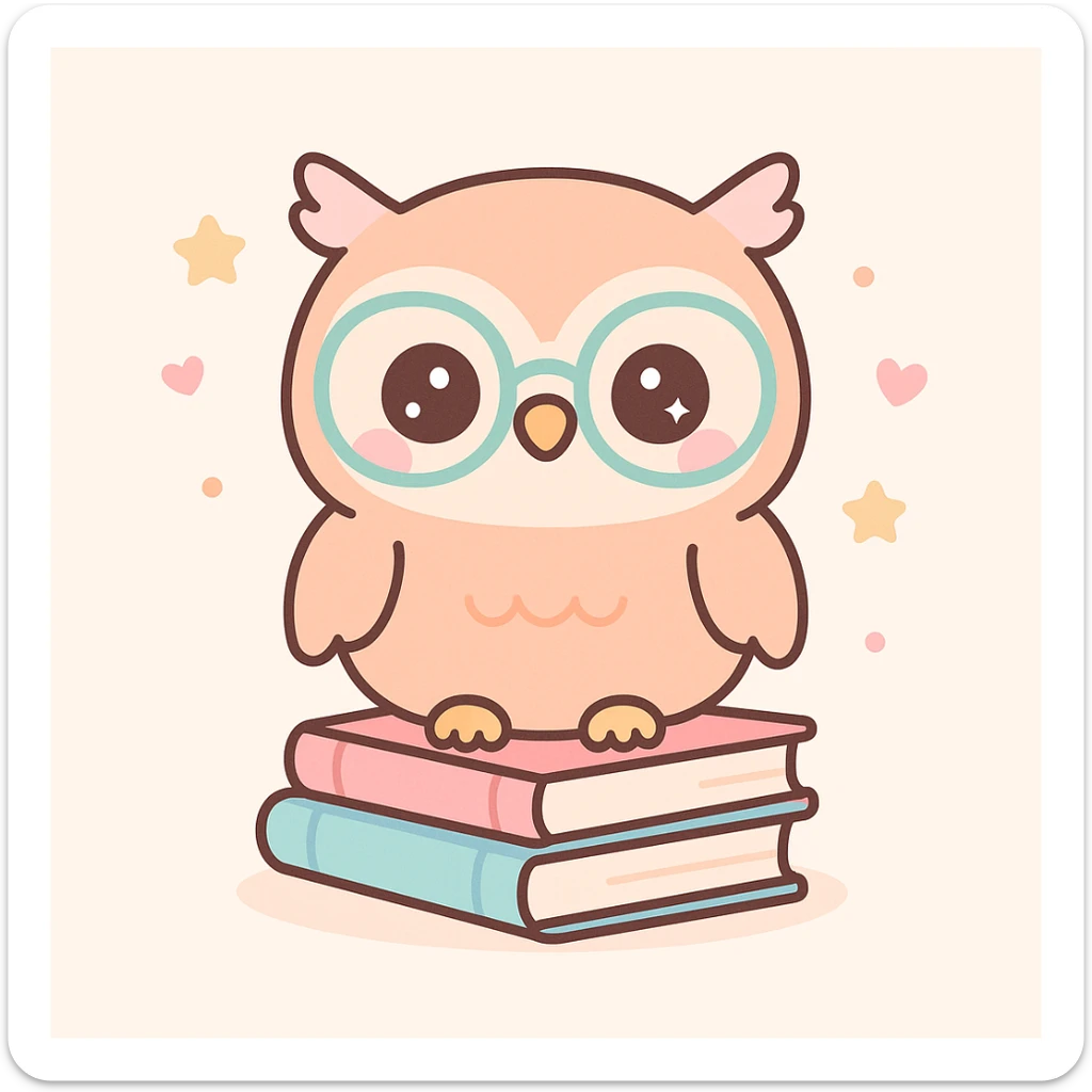 wise owl wearing glasses sitting on a stack of books in kawaii cute style sticker