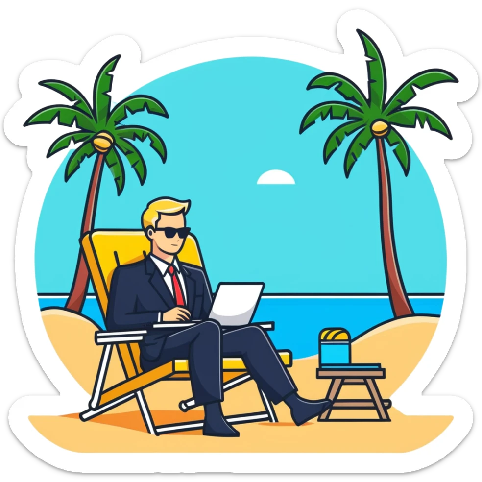 blonde man in business suit sitting on beach chair, vacation setting with palm trees sticker