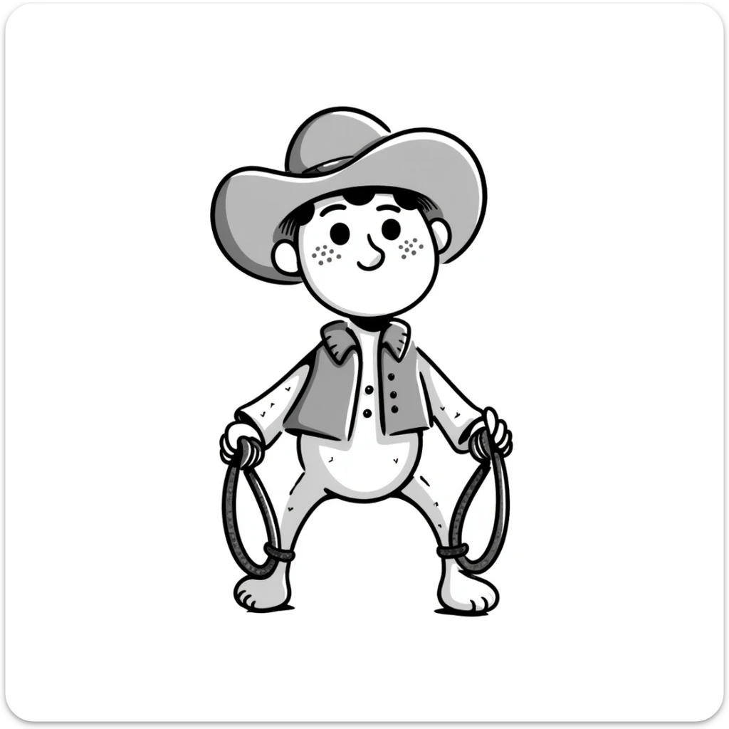 A hand-drawn plush baby cowboy toy with a lasso and cute freckles sticker