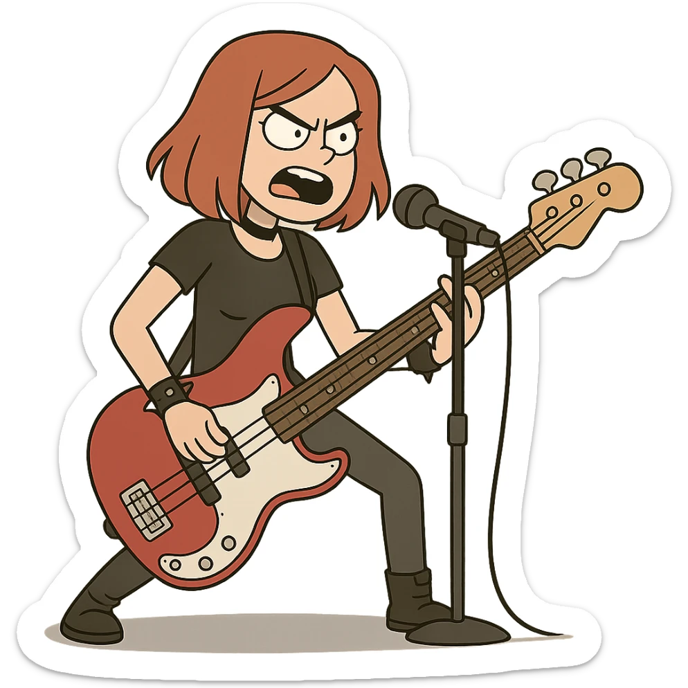 rock girl with red hair and red bass guitar, long bob hairstyle, performing on stage sticker