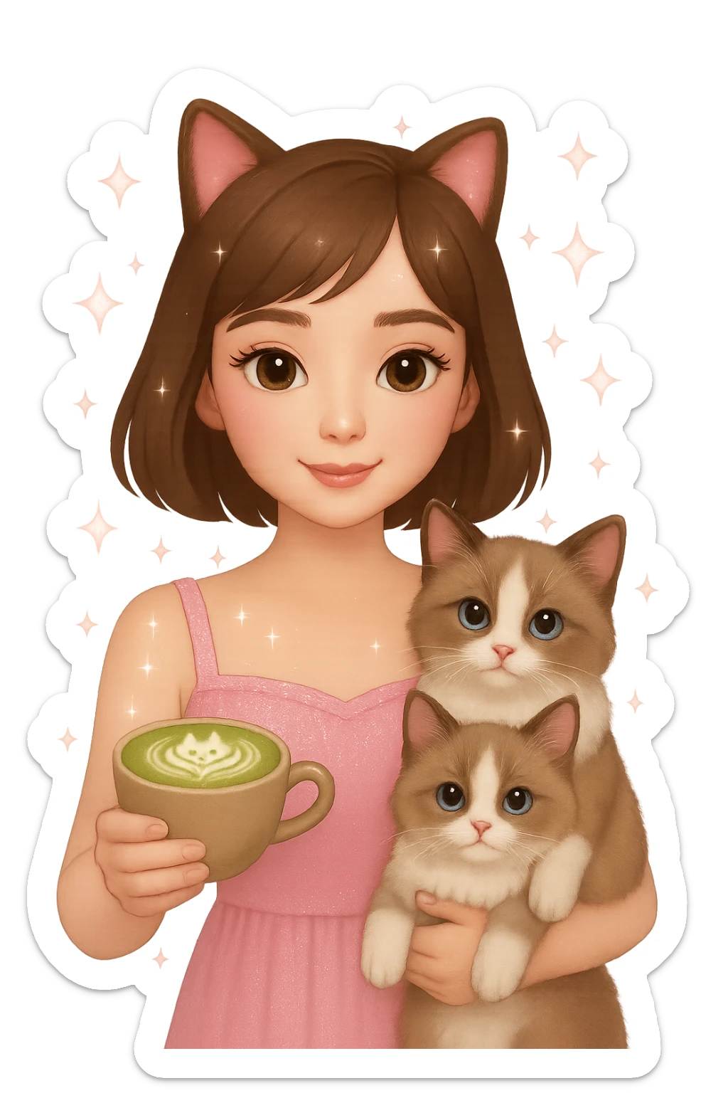 Add a matcha latte to the scene, keeping the Apple emoji style and pink soft girl aesthetic, featuring the girl with short brown hair, makeup, skincare, sparkles, and two light brown ragdoll cats. Maintain the transparent background and the overall Apple emoji style look. sticker
