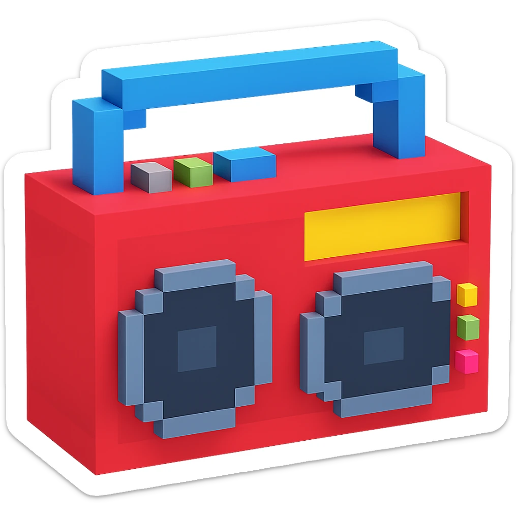 A boombox in voxel style, side view, red color sticker