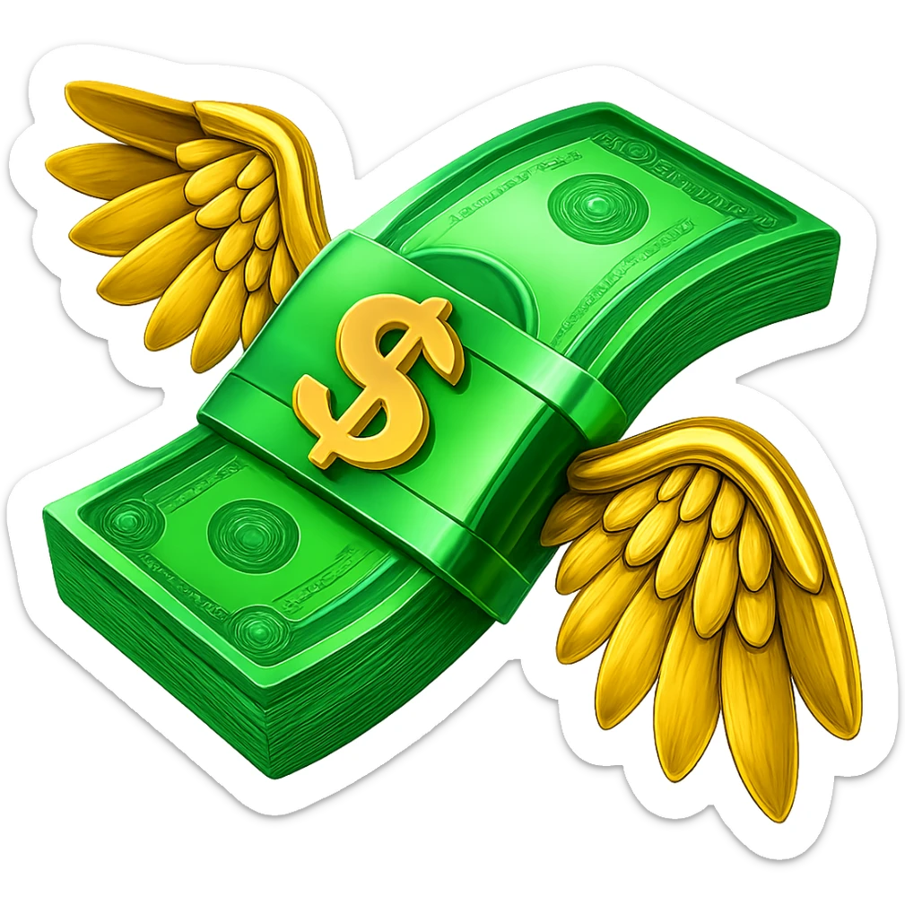 Edit the image to make the cash green and shiny, and the wings gold and shiny. Keep the same shape and details exactly as in the original. Remove the background completely. sticker