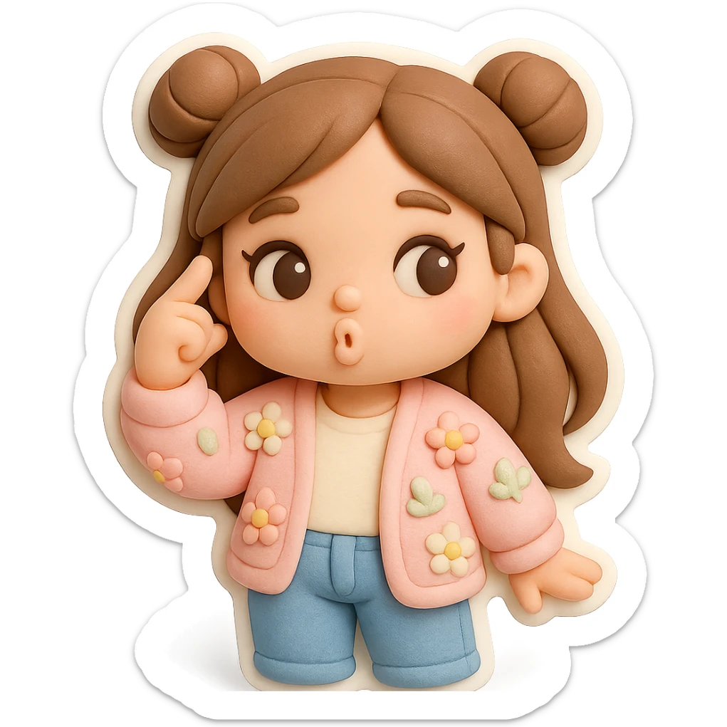 3D chibi fondant cake art style, high-quality rendering with smooth shadows and soft gradients. Girl with long brown hair in two space buns, brown eyes, jeans, pastel floral cardigan, thick white outline like a sticker, transparent background. Spinning finger near her temple and whistling like 'what a fool', preserve facial features from reference image. sticker