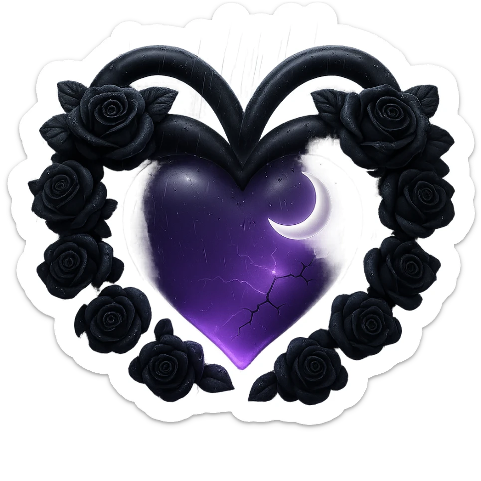 Add much more rain and thick mist to the scene, keeping the prominent black roses, gothic heart, purple glass with a crescent moon, dripping effect, faint lightning in the background, cracked glass with a glowing mist. The style should resemble 3D emoji style. Remove the background. sticker