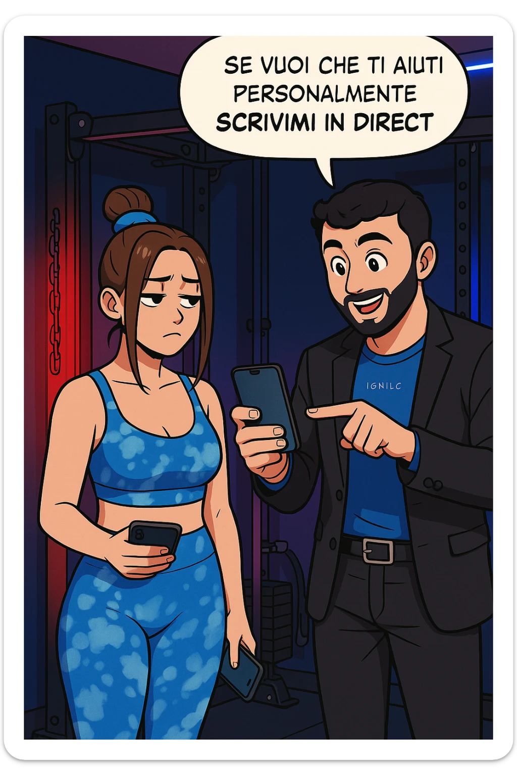 TRASFORMA QUESTO CAROSELLO IN UN FUMETTO STILE WEBTOON/MANGA A COLORI CON QUESTE DUE PERSONE IDENTICHE CHE INTERLOQUISCONO TRA LORO, L'UOMO MOSTRA UNO SMARTPHONE ALLA DONNA INDICANDOLO, E ANCHE LA DONNA HA LO SMARTPHONE IN MANO PER ANDARE A SEGUIRE IL SUO PROFILO INSTAGRAM:

LUI (UOMO): Se vuoi che ti aiuti personalmente
SCRIVIMI IN DIRECT sticker